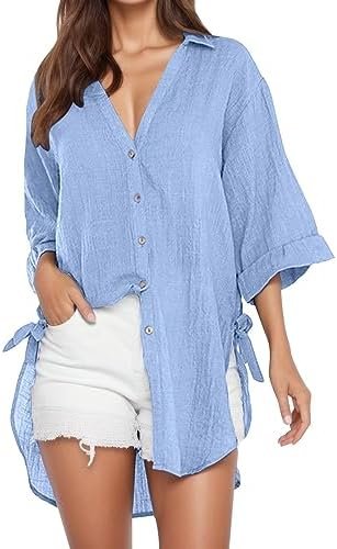 Cotton Ladies Long Casual Shirt Loose Button Blouse Dress Tops T-Shirt Womens Women's Mountain Bike T Shirts